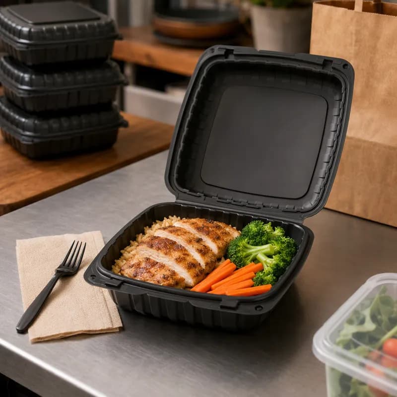 Victoria Bay Take-Out Container Hinged 8X8X3 IN MFPP Black Square Vented 200/Case