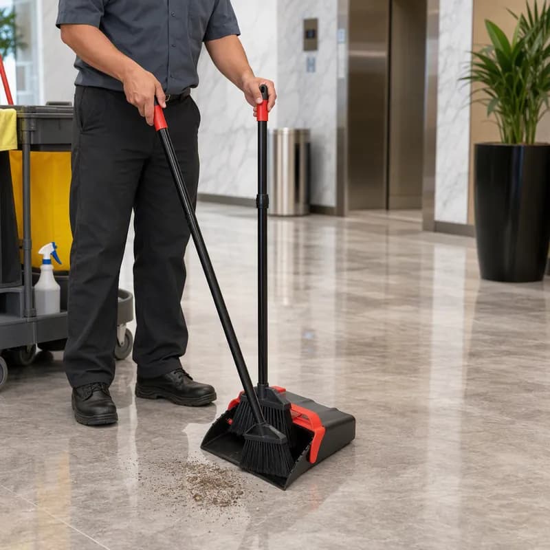 MaxiPlus® Lobby Dust Pan & Lobby Broom 1X33X13 IN Red Black Nylon Assembled Easy-Lock™ Handle Cleaning Teeth 1/Each