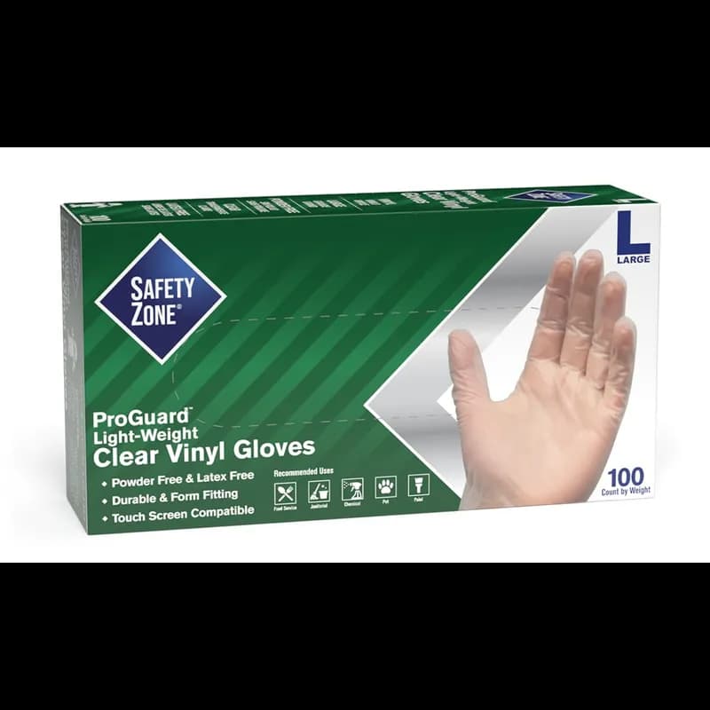 Safety Zone® Gloves Medium (MED) Clear 2.5MIL Lightweight Vinyl Powder-Free 100 Count/Box 10 Box/Case