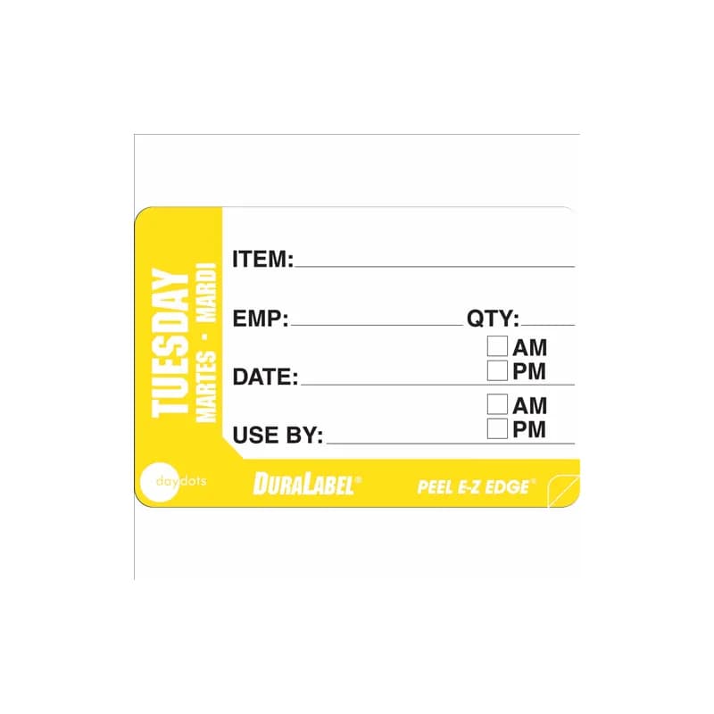 DuraLabel Tuesday Prep Item Label 2X3 IN Yellow White Trilingual Removable 500/Roll