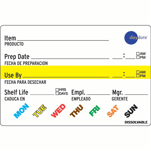 Universal Shelf Life Label 2X3 IN Dissolvable Bilingual 500/Roll