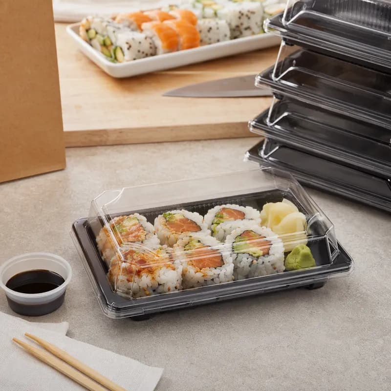 Sushi Take-Out Tray Base & Lid Combo 7X5 IN Plastic Black Clear Rectangle 500/Case