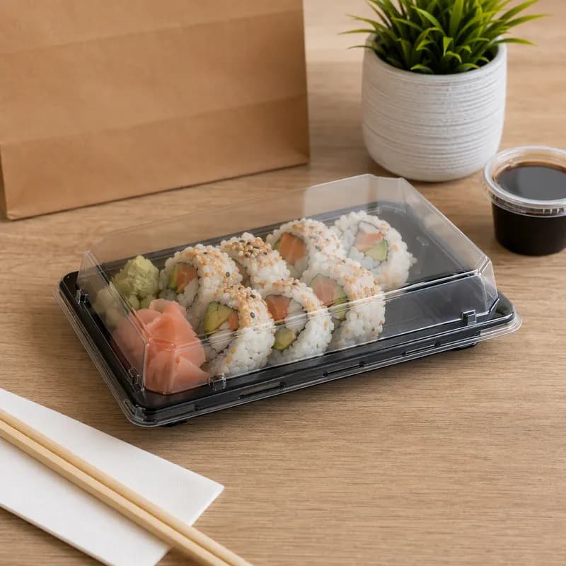 Sushi Take-Out Tray Base & Lid Combo 9X6 IN Plastic Black Clear Rectangle 500/Case