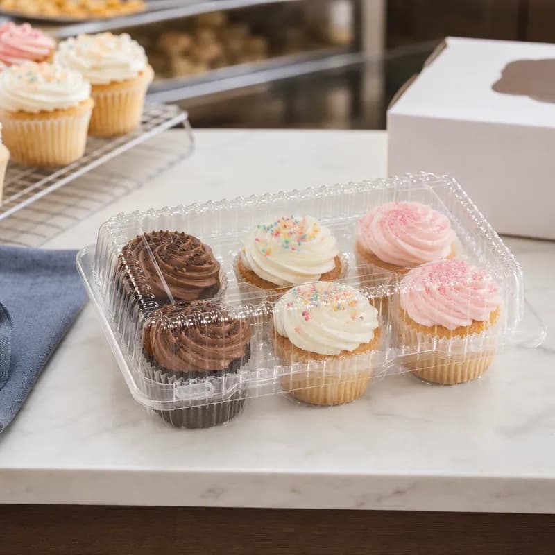 Cupcake Hinged Container 6 Compartment Clear Rectangle Low & Slim Profile 300/Case