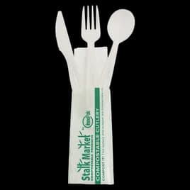 Stalk Market Cutlery Kit 6.5 IN CPLA White Heavyweight Individually Wrapped With Napkin,Napkin 250/Case