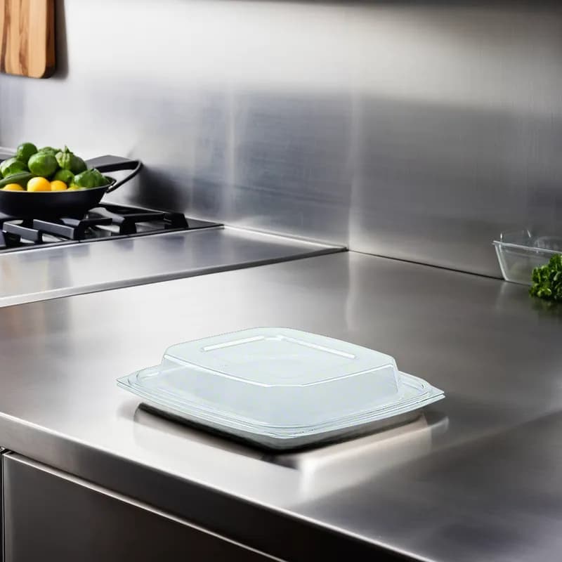 The BOTTLEBOX ® Lid Flat 7.6X6.55X0.31 IN RPET Clear Rectangle For 24-32 OZ Deli Container Bulk 600/Case