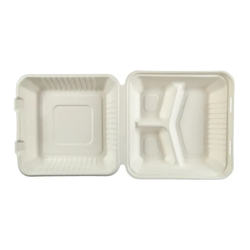 PrimeWare® Take-Out Container Hinged 9X9X3.19 IN 3 Compartment Molded Fiber PLA White 80 Count/Pack 2 Packs/Case