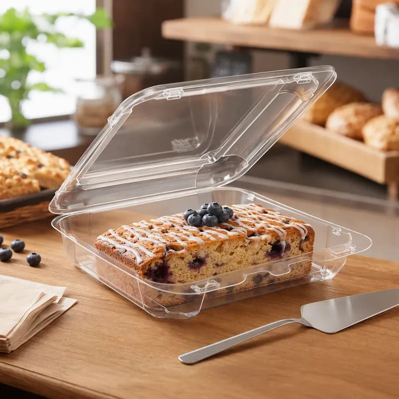 Essentials Loaf Cake Slice Container 73.4 OZ 8.375X7.9375X2.5625 IN RPET Clear Rectangle Full Shelf 160/Case
