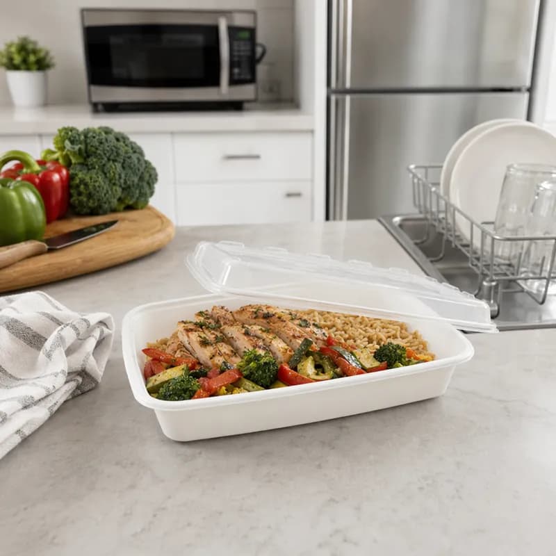 CuBEware Take-Out Container Base & Lid Combo 48 OZ Plastic White Rectangle 100/Case