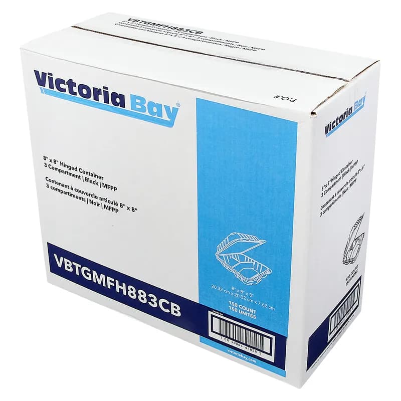 Victoria Bay Take-Out Container Hinged 8X8X3 IN 3 Compartment MFPP Black Square Freezer Safe Microwave Safe 150/Case