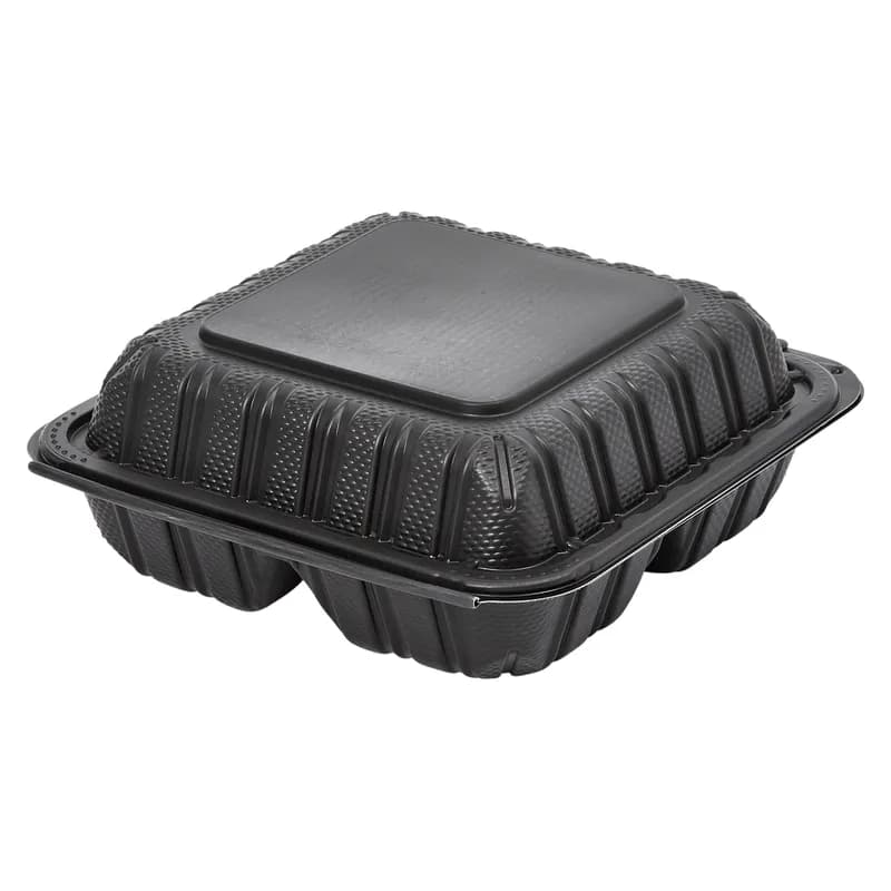 Victoria Bay Take-Out Container Hinged 8X8X3 IN 3 Compartment MFPP Black Square Freezer Safe Microwave Safe 150/Case