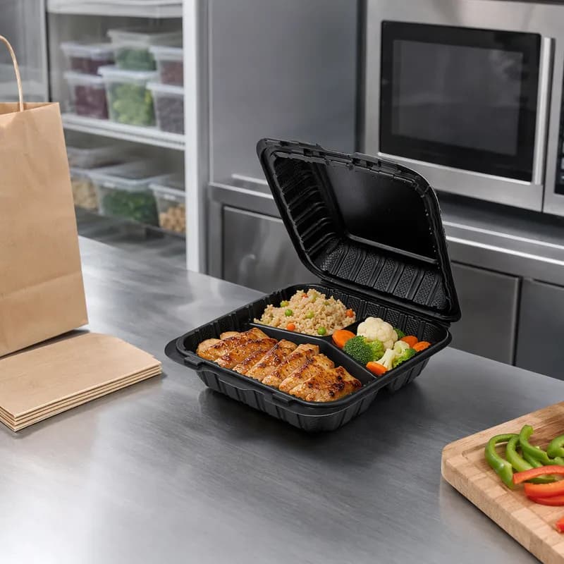 Victoria Bay Take-Out Container Hinged 8X8X3 IN 3 Compartment MFPP Black Square Freezer Safe Microwave Safe 150/Case