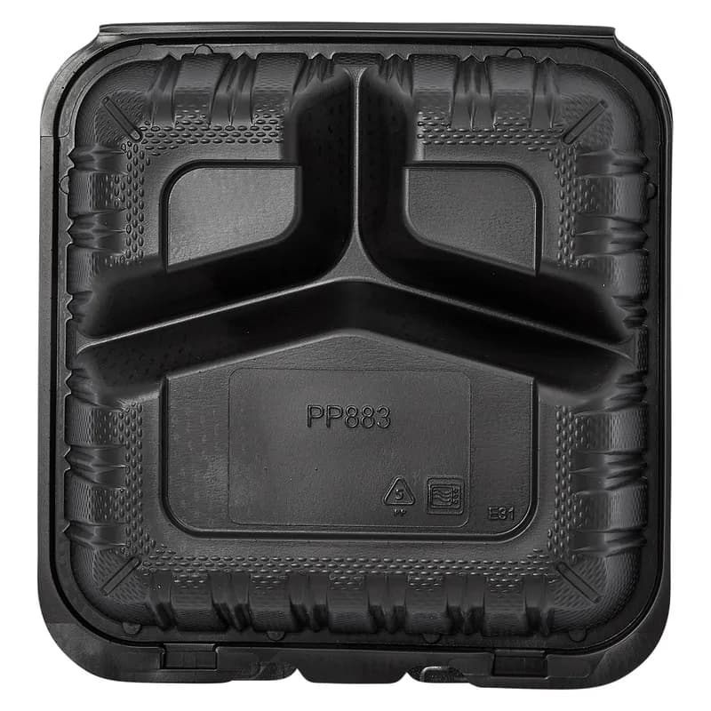 Victoria Bay Take-Out Container Hinged 8X8X3 IN 3 Compartment MFPP Black Square Freezer Safe Microwave Safe 150/Case
