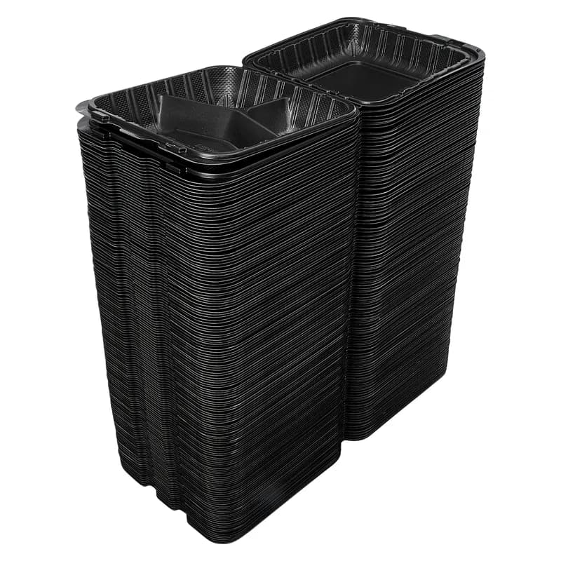Victoria Bay Take-Out Container Hinged 8X8X3 IN 3 Compartment MFPP Black Square Freezer Safe Microwave Safe 150/Case