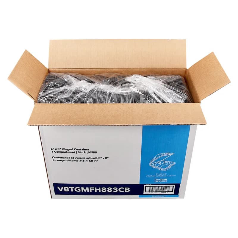 Victoria Bay Take-Out Container Hinged 8X8X3 IN 3 Compartment MFPP Black Square Freezer Safe Microwave Safe 150/Case