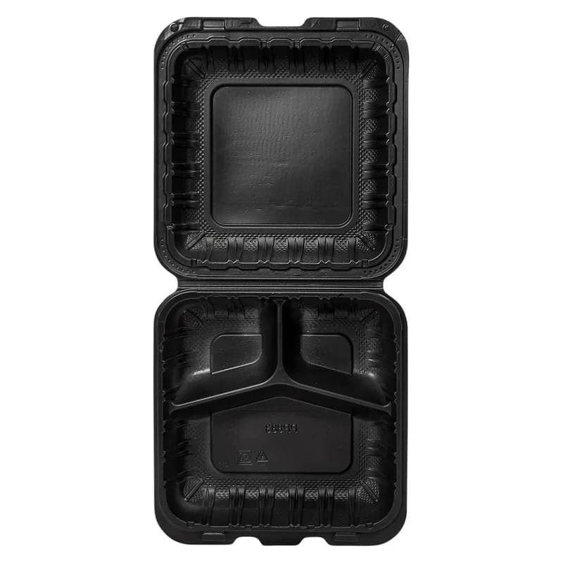 Victoria Bay Take-Out Container Hinged 8X8X3 IN 3 Compartment MFPP Black Square Freezer Safe Microwave Safe 150/Case
