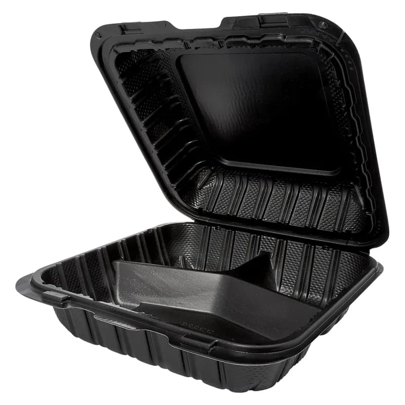 Victoria Bay Take-Out Container Hinged 8X8X3 IN 3 Compartment MFPP Black Square Freezer Safe Microwave Safe 150/Case