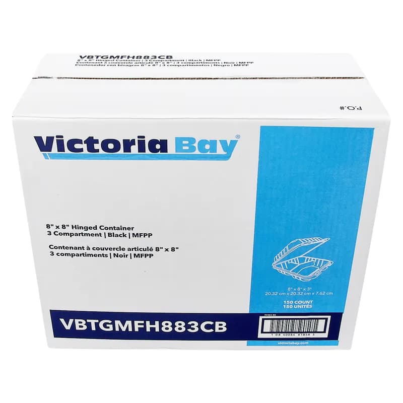 Victoria Bay Take-Out Container Hinged 8X8X3 IN 3 Compartment MFPP Black Square Freezer Safe Microwave Safe 150/Case