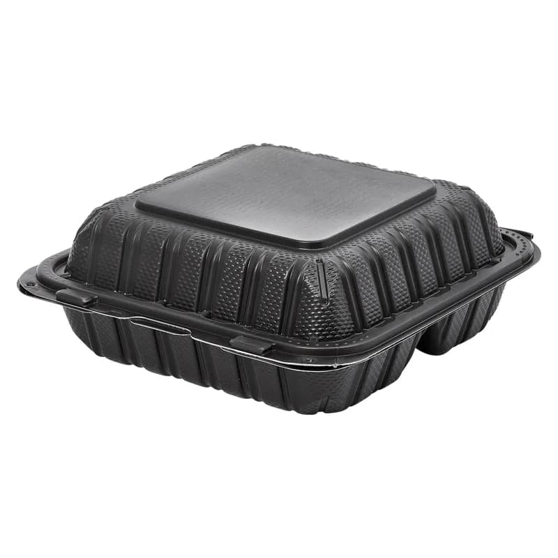 Victoria Bay Take-Out Container Hinged 8X8X3 IN 3 Compartment MFPP Black Square Freezer Safe Microwave Safe 150/Case