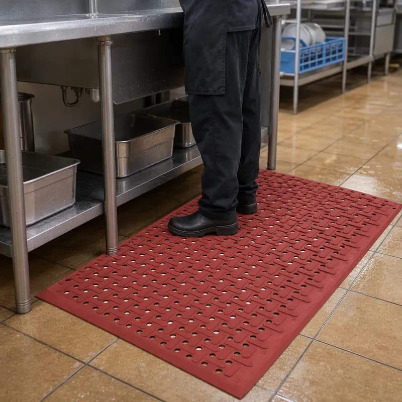Anti-Fatigue Floor Mat 60X36X0.25 IN Red Rubber Greaseproof Perforated 1/Each
