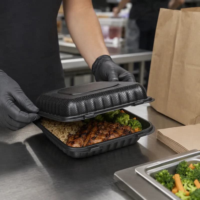 BIONATURE Take-Out Container Hinged 8X8 IN MFPP Black 200/Case