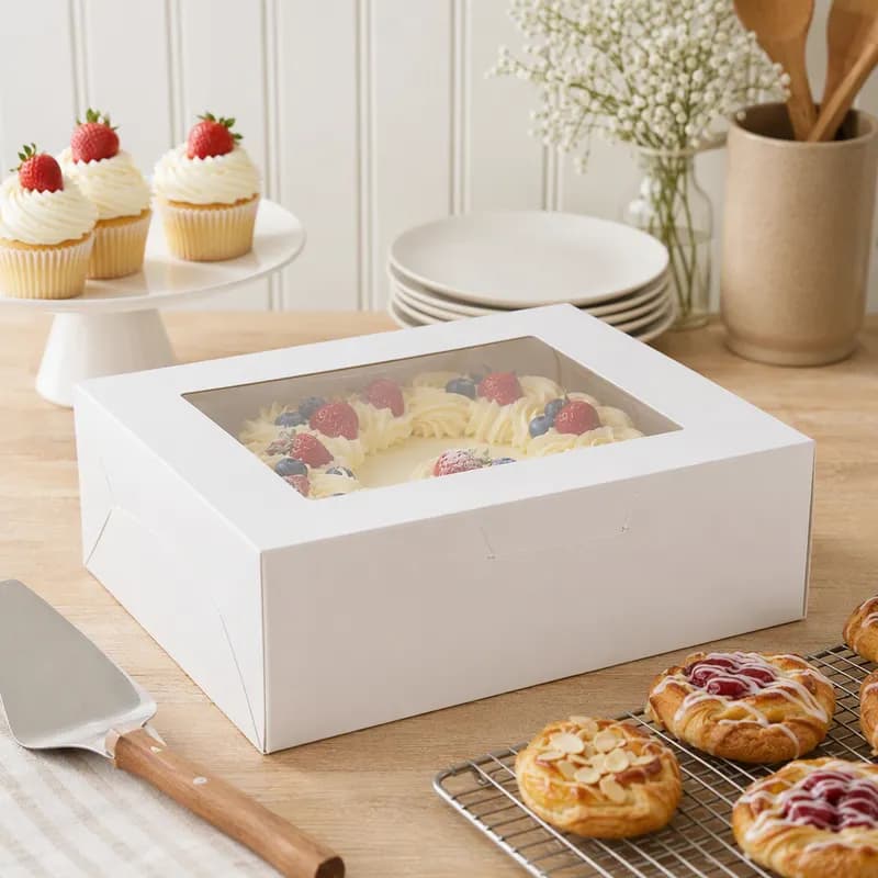 Bakery Box 14X10X4 IN SBS Paperboard White Rectangle Lock Corner With Window 100/Case