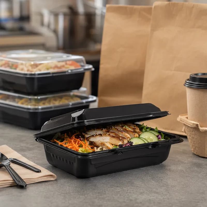 The BOTTLEBOX ® Take-Out Container Hinged 8.6X6.6X2.96 IN RPET Black 250/Case