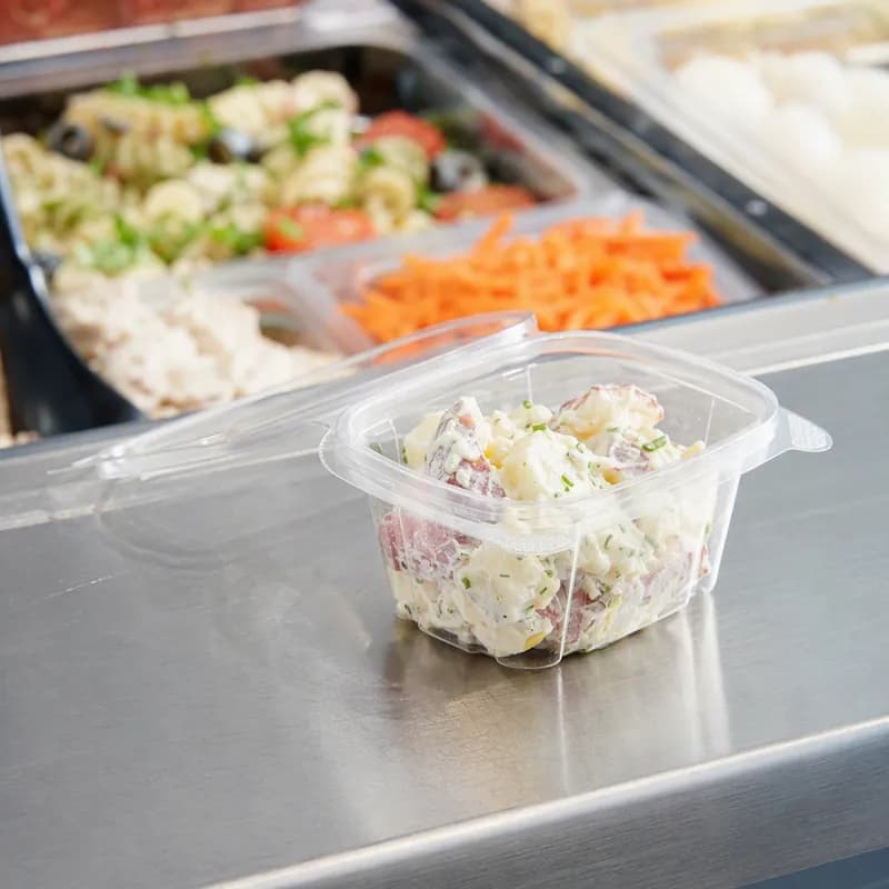 Deli Container Hinged With Flat Lid 6 OZ RPET Clear Rectangle 400/Case