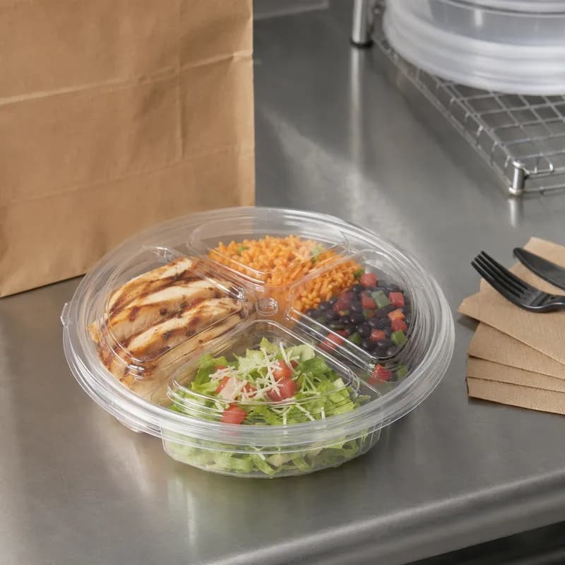 Take-Out Container Base & Lid Combo 32 OZ 4 Compartment Clear Round 50/Case