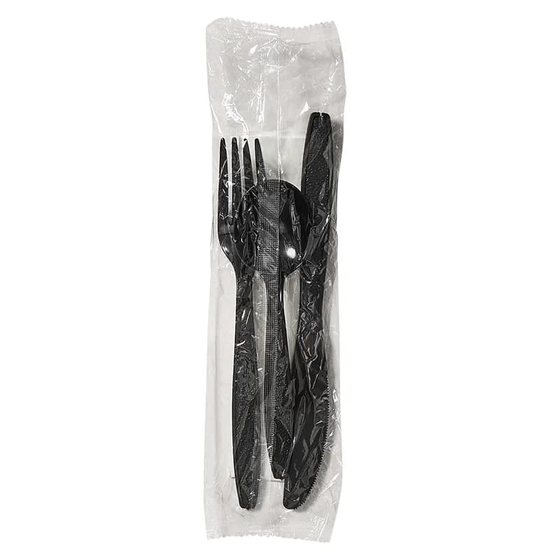 Victoria Bay 4PC Cutlery Kit PS Black Heavyweight Freezer Safe With White Napkin,Fork,Knife,Soup Spoon 250/Case