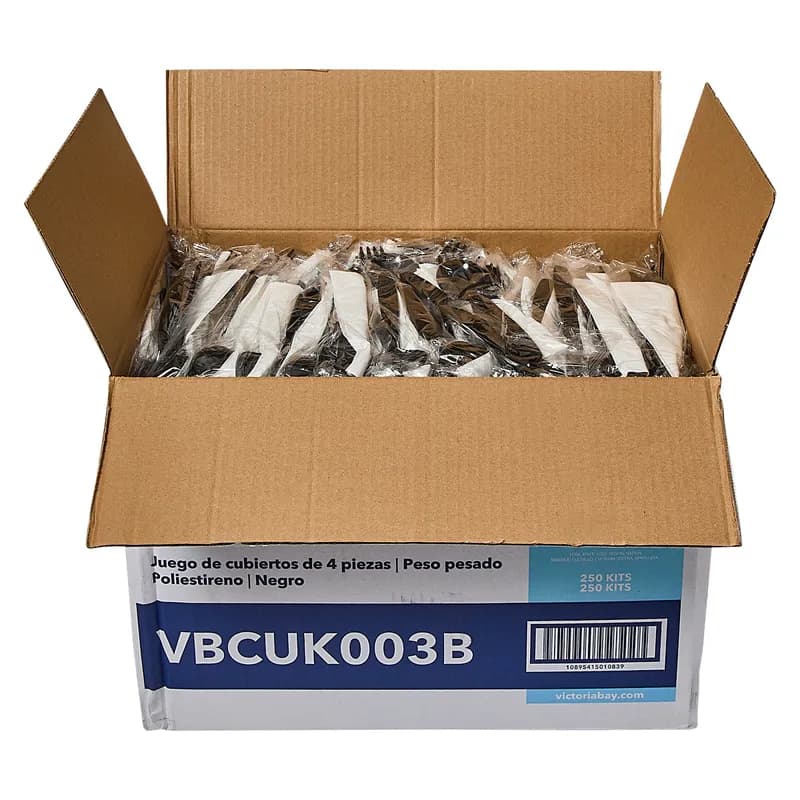 Victoria Bay 4PC Cutlery Kit PS Black Heavyweight Freezer Safe With White Napkin,Fork,Knife,Soup Spoon 250/Case