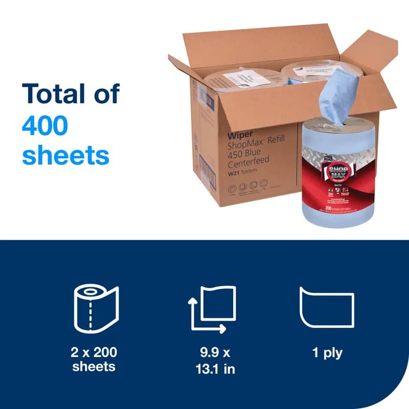 Tork ShopMax Cleaning Wipe 13.10X9.90 IN 218.33 FT 1 Cloth Blue Centerpull Refill Heavy Duty 200 Count/Pack 2 Packs/Case
