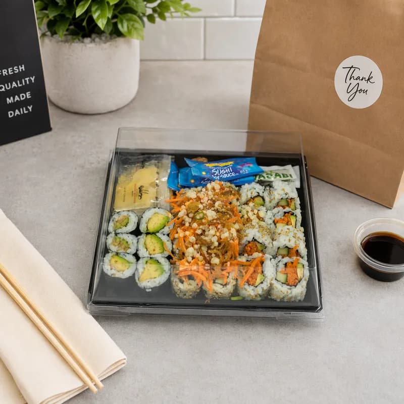 Take-Out Tray 10X10 IN PP PET Black Square 80/Case