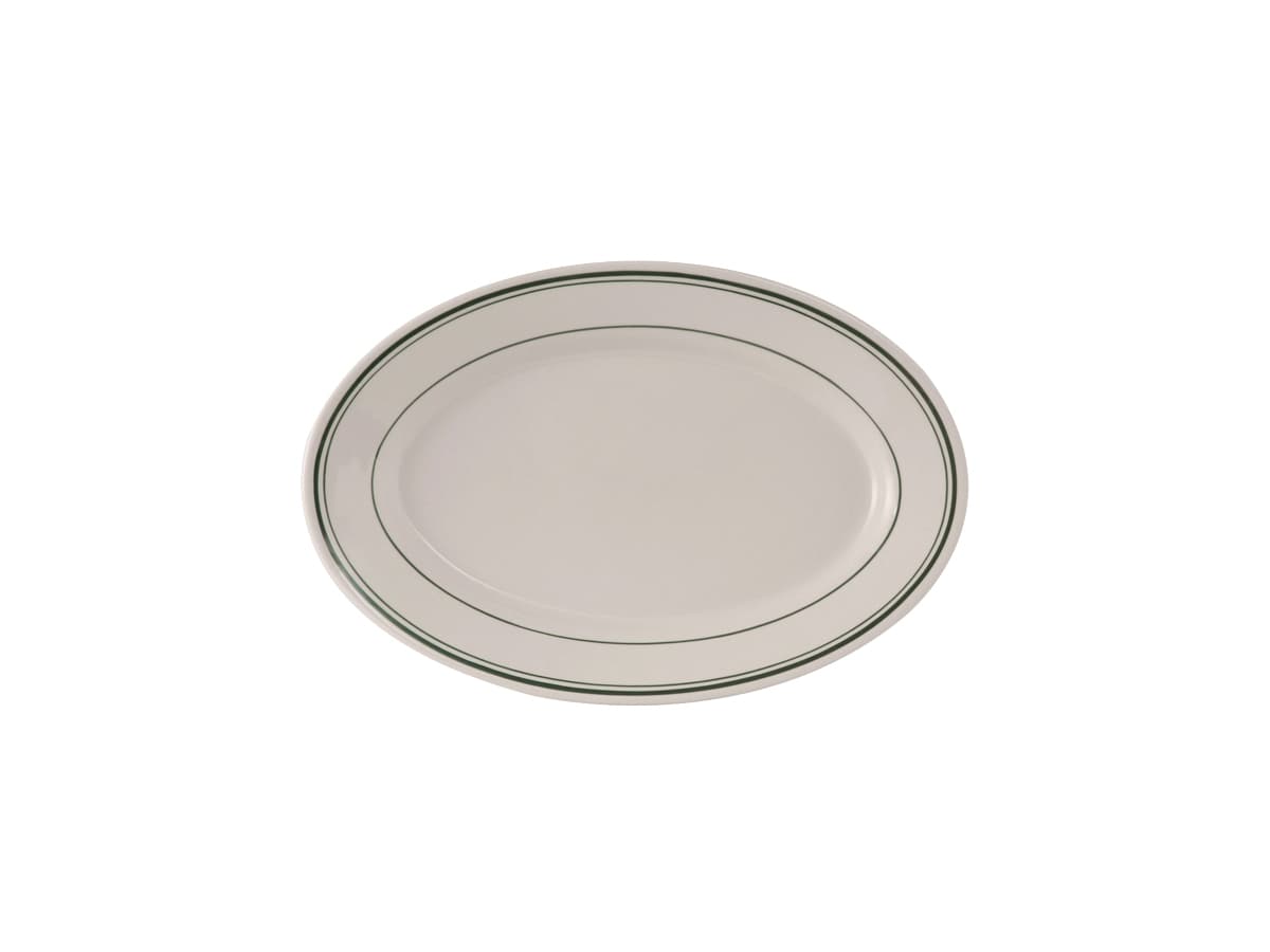 Green Bay Platter 7X4.625 IN China Eggshell Oval Wide Rim Rolled Edge Banded Fully Vitrified 36/Case