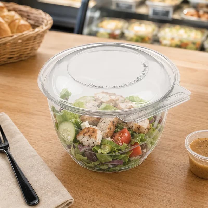 WNA BreakAway Deli Container Hinged With Dome Lid 32 OZ PET Clear Round 150/Case