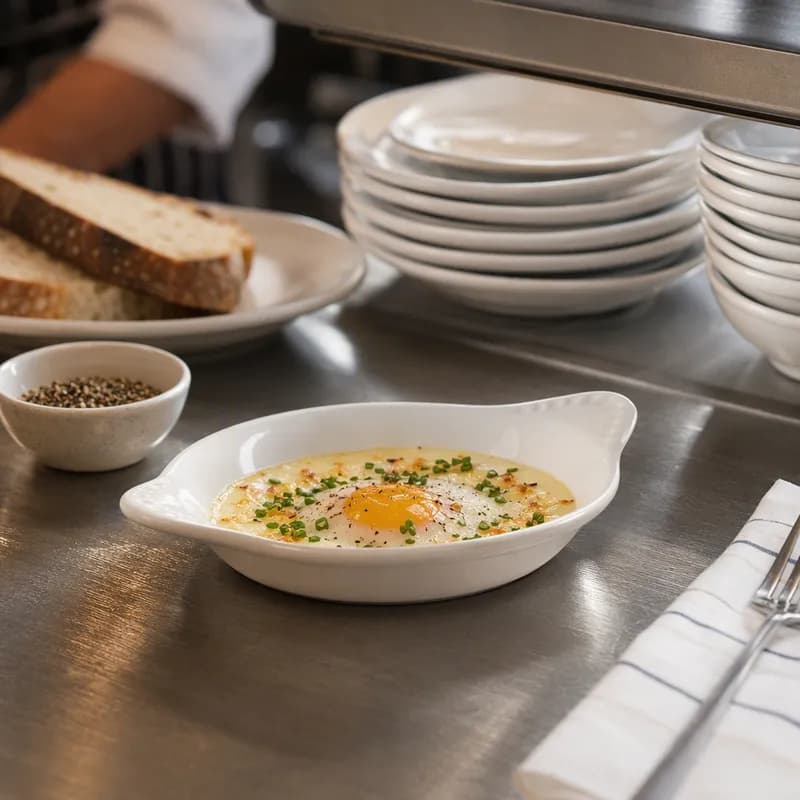 Shirred Egg Dish 6.375 IN 6 OZ China White Round Fully Vitrified Oven Safe Dishwasher Safe Microwave Oven Safe 12/Case