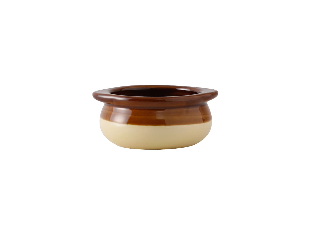 Onion Soup Crock 10 OZ China Brown Beige Round Fully Vitrified Oven Safe Dishwasher Safe Microwave Oven Safe 12/Case