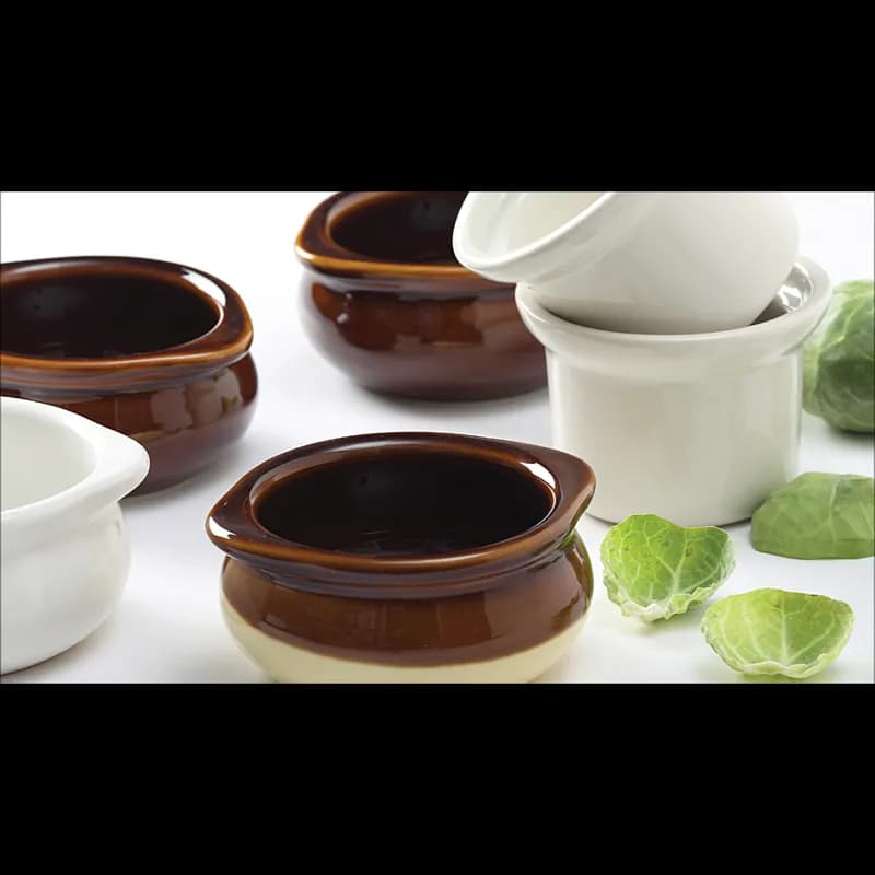 Onion Soup Crock 12 OZ China Brown Beige Round Fully Vitrified Oven Safe Dishwasher Safe Microwave Oven Safe 12/Case