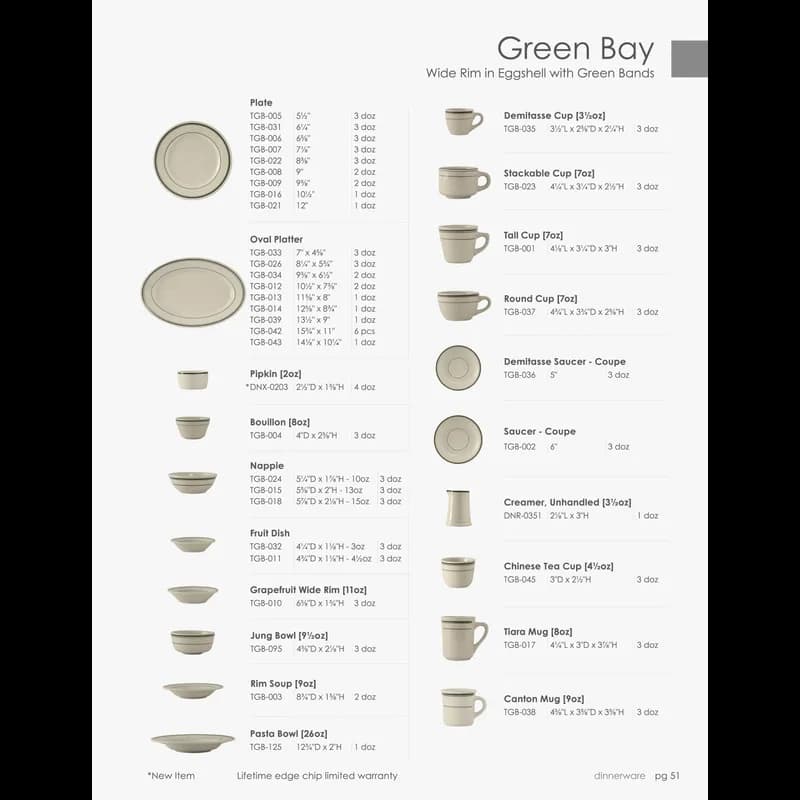 Green Bay Nappie Bowl 5.875 IN 15 OZ China Eggshell Green Round Banded Fully Vitrified 36/Case