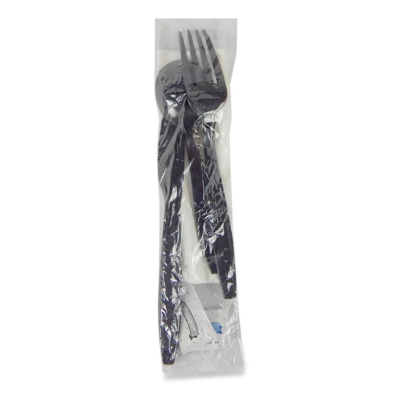 Victoria Bay 4PC Cutlery Kit PP Black Heavyweight With White 2PLY 12X16 Napkin,Fork,Knife,Spoon 250/Case