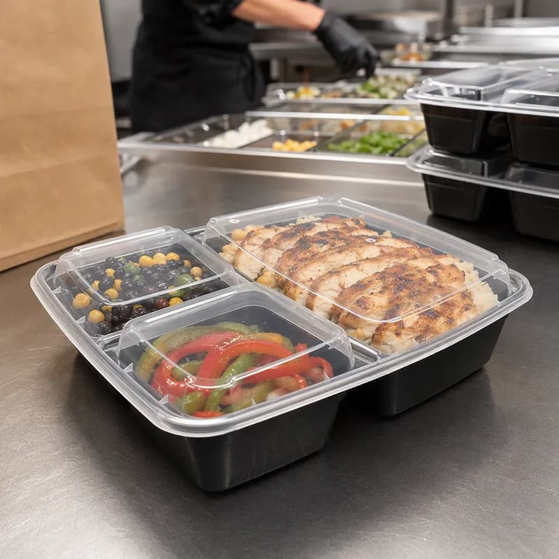 Take-Out Container Base & Lid Combo 45 OZ 3 Compartment PP Rectangle 100/Case