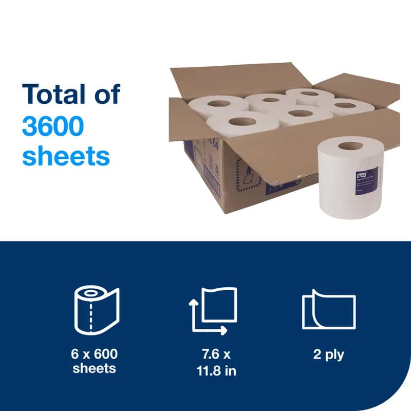 Tork Roll Paper Towel M2 11.8X7.6 IN 590 FT White Centerfeed Refill 600 Sheets/Roll 6 Rolls/Case 3600 Sheets/Case