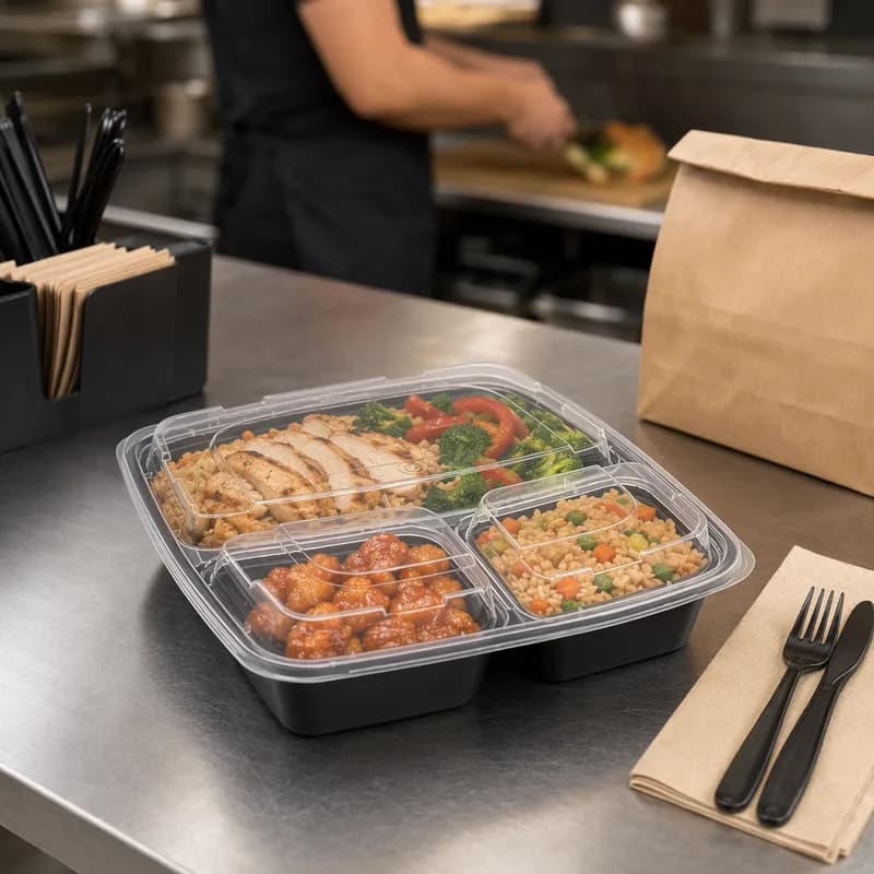 Take-Out Container Base & Lid Combo 48 OZ 3 Compartment PP Square 100/Case