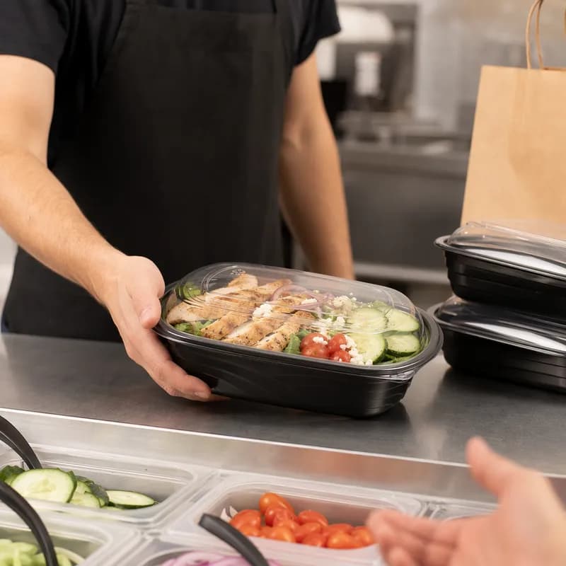 Cold Take-Out Container Base & Lid Combo With Dome Lid 32 OZ PET Black Clear Anti-Fog Leak Resistant 126/Case