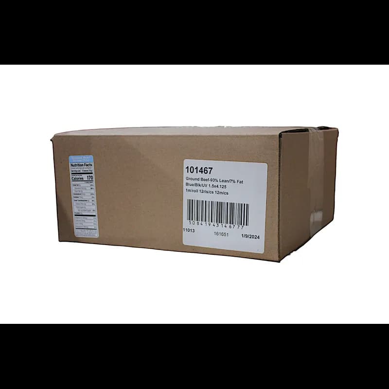 Ground Beef 93% Lean/7% Fat Meat Nutritional Label 1.5X4.125 IN Blue Black UV 1000 Count/Roll 12 Rolls/Case