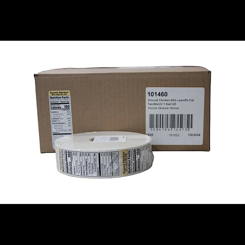 Ground Chicken 92% Lean/8% Fat Meat Nutritional Label 1.5X4.125 IN Tan Black UV 1000 Count/Roll 12 Rolls/Case