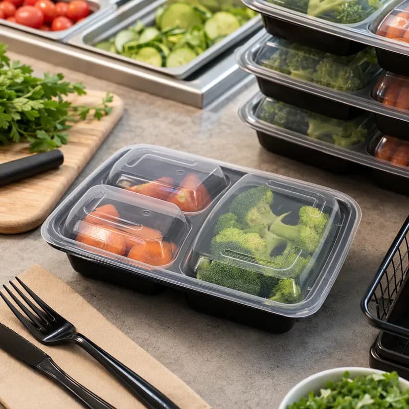 Deli Container Base & Lid Combo 33 OZ 3 Compartment PP Black Rectangle 150/Case