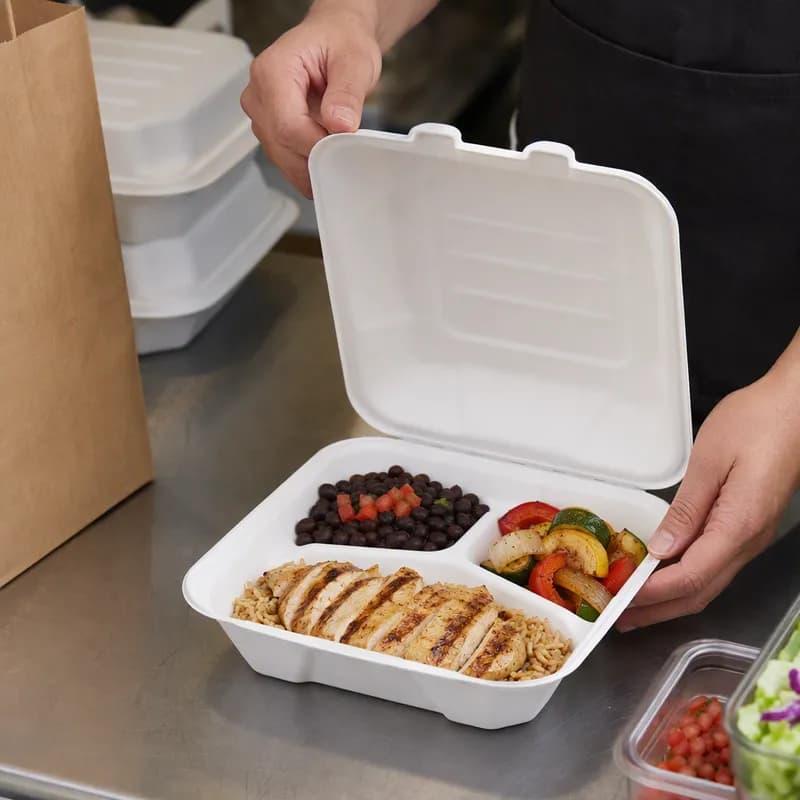 Harvest Take-Out Container Hinged 9X9X3 IN 3 Compartment Pulp Fiber White Square 200/Case