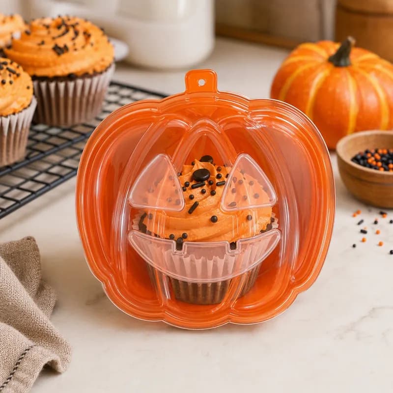 Cupcake Container & Lid Combo Orange Jack-O-Lantern Pumpkin 50/Case