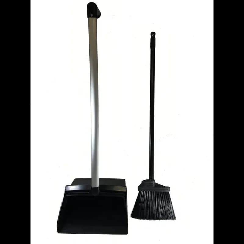 Lobby Broom & Dustpan Black Plastic Aluminum Ergonomic Handle Broom Clip Stiff Bristles 1/Each